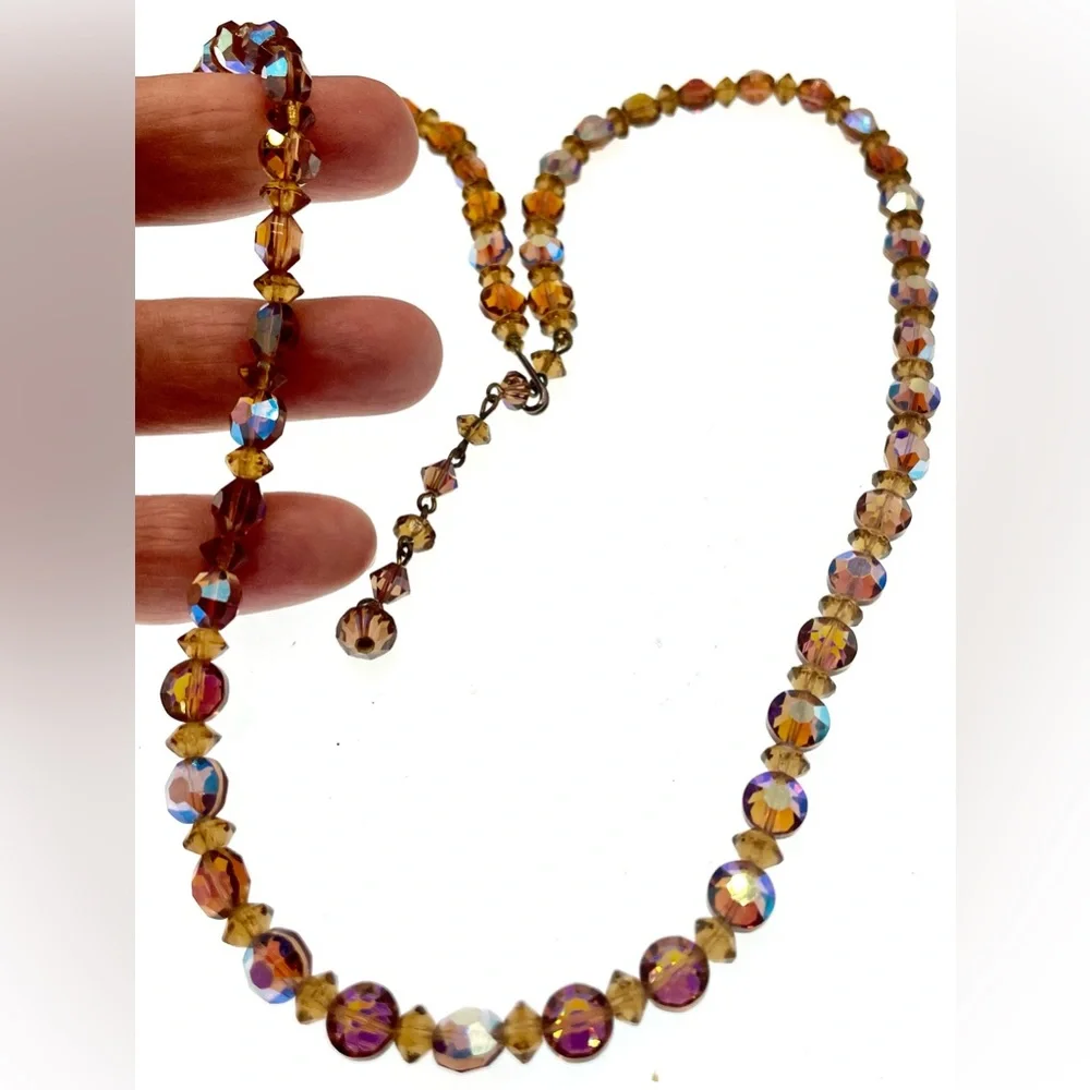 Vintage Faceted Topaz Crystal Aurora Borealis Beaded Necklace Choker - Picture 3 of 4